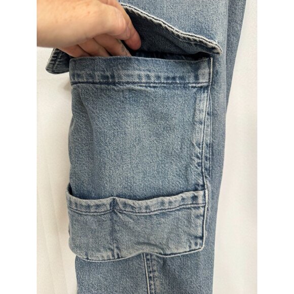 Zara Med Blue 100% Cotton Denim Cargo Wide Leg Button Jogger Cuff Jeans Size 10 - Picture 6 of 17